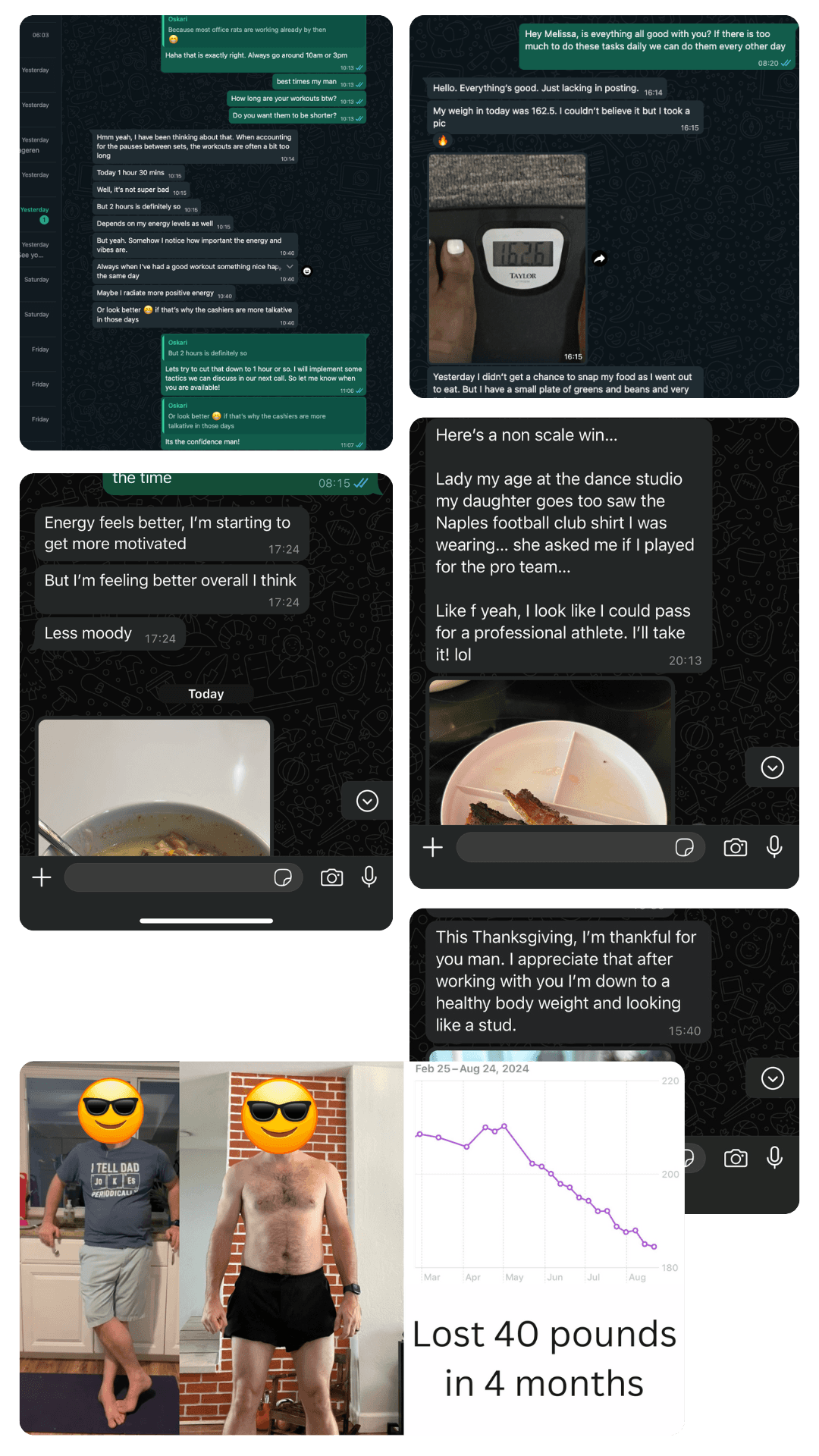 Real WhatsApp messages from coaching clients, including a 40 pound loss in 4 months